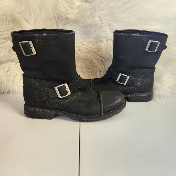 Ugg Mens Rockville Black Leather Shearling Wool Lined Moto Boots Size 11 Buckles - Picture 8 of 10